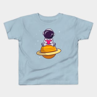 Cute Astronaut Sitting On Planet With Love Heart Cartoon Kids T-Shirt